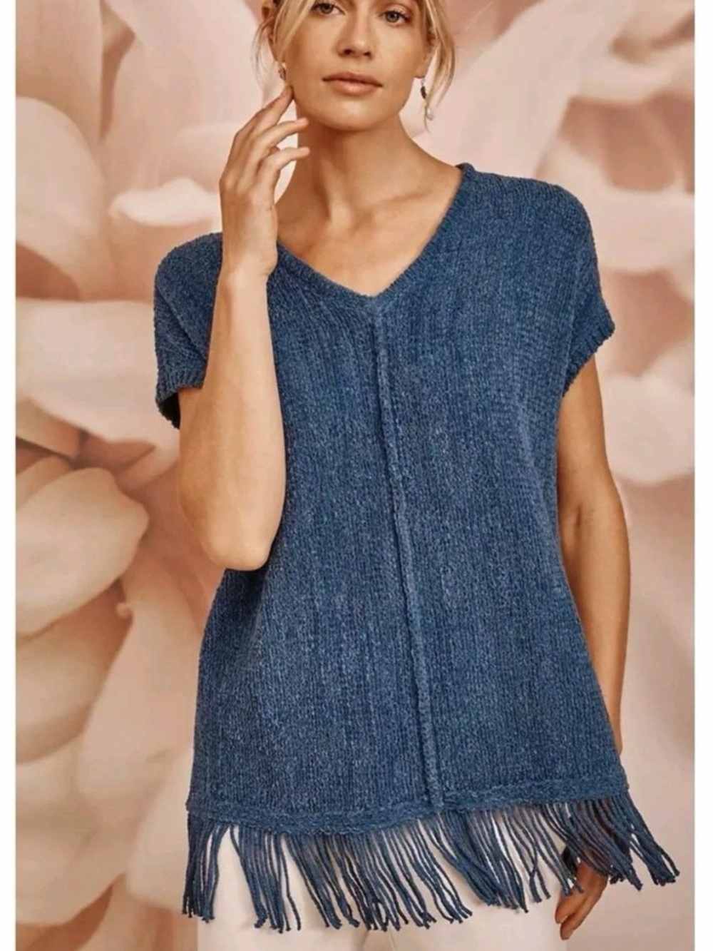 J.Jill Pure Jill Fringed Hem V-Neck Sweater Vest Blue V-Neck Sweater Vest Small
